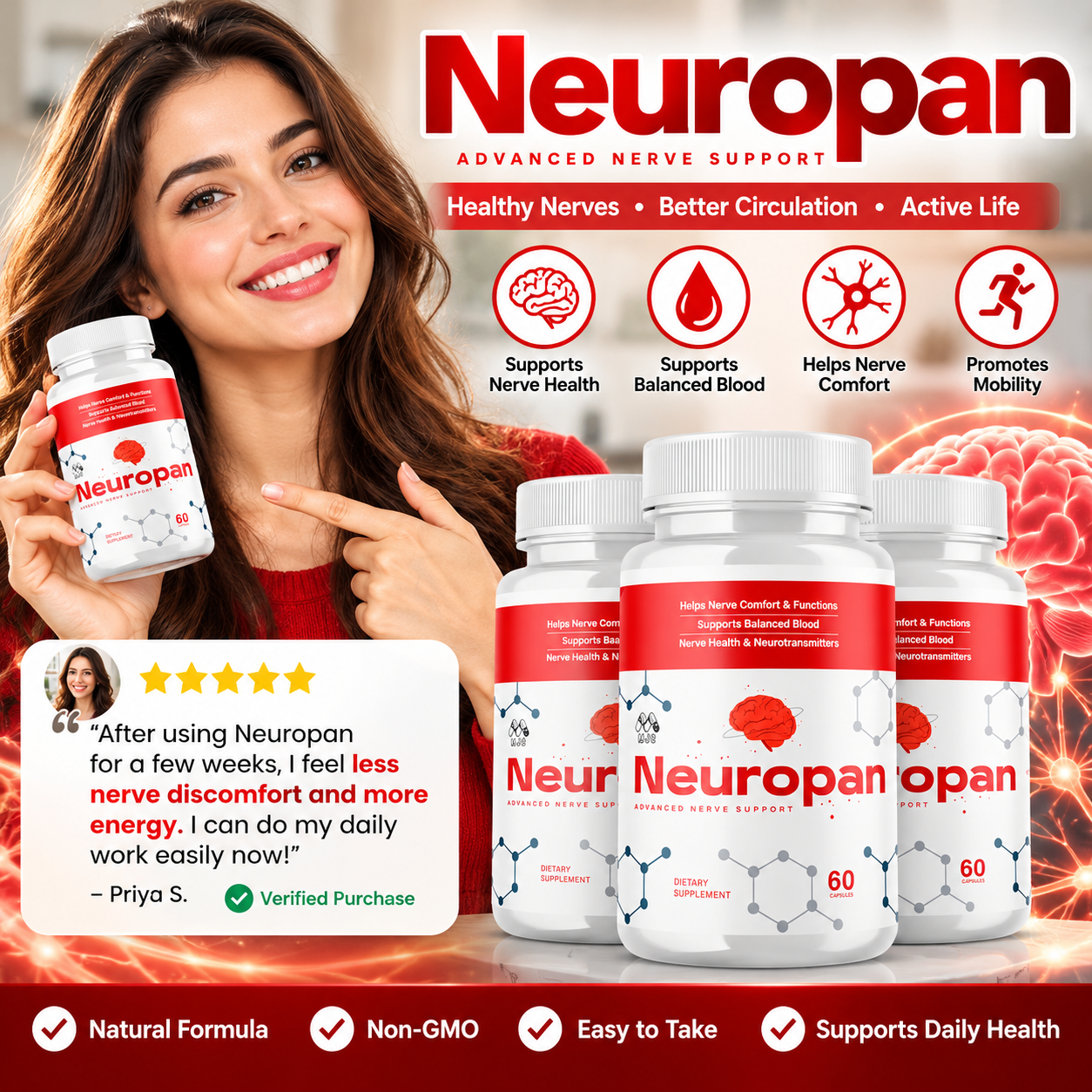 Neuropan bottles and benefit icons